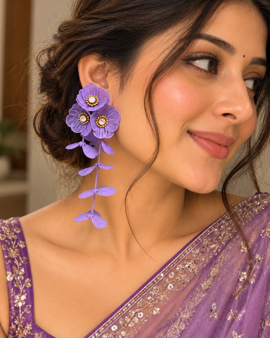 Purple Floral Statement Drop Earrings