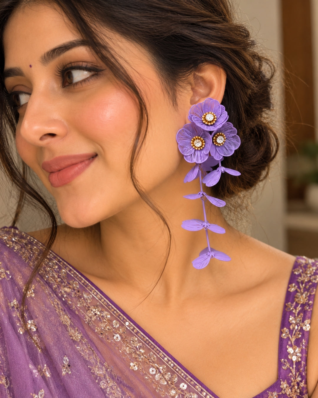 Purple Floral Statement Drop Earrings