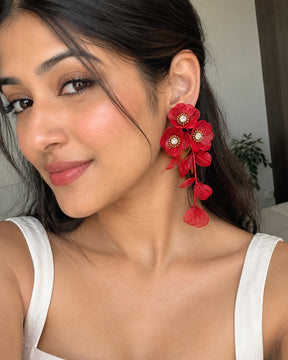 Red Floral Statement Drop Earrings