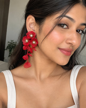 Red Floral Statement Drop Earrings