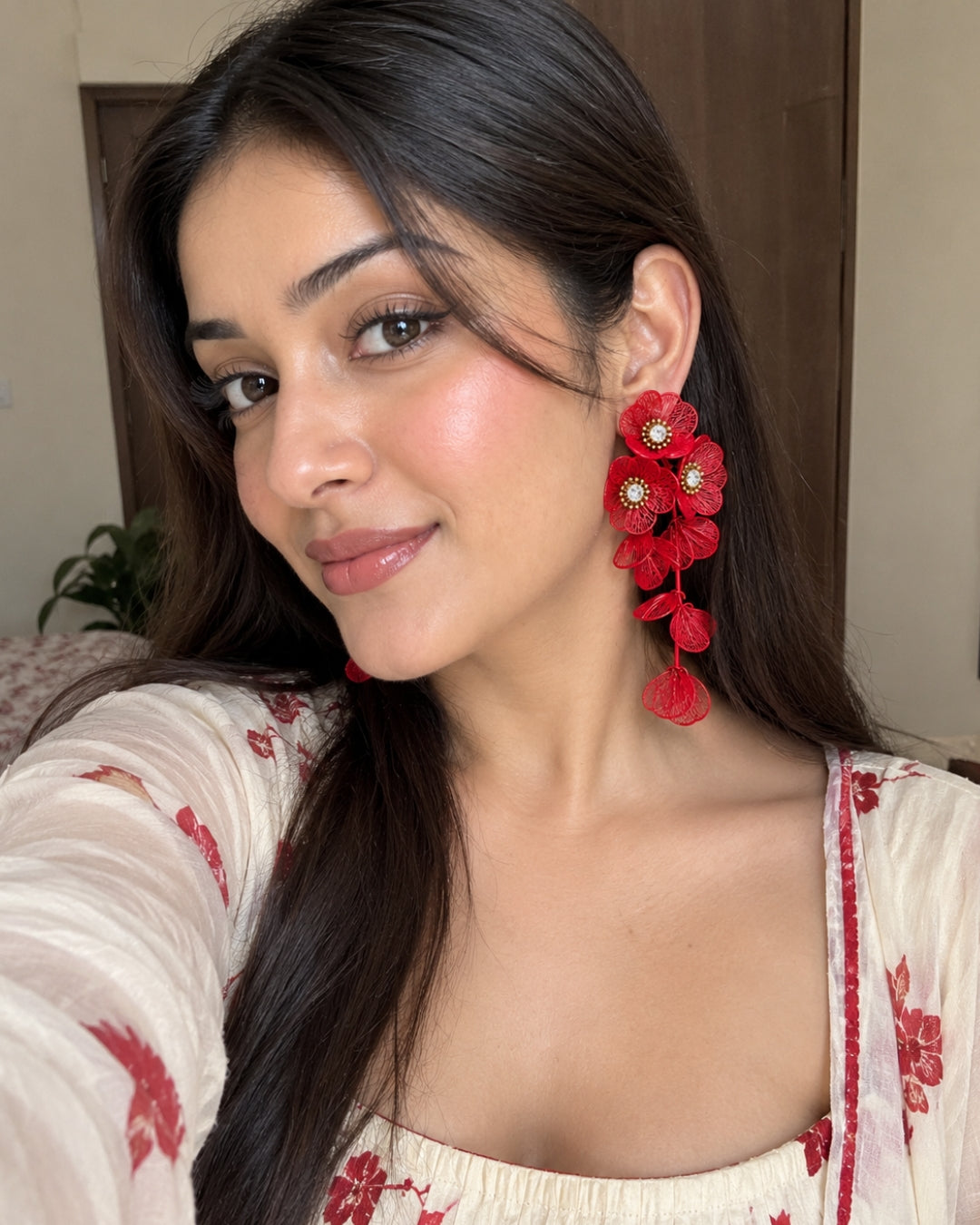 Red Floral Statement Drop Earrings