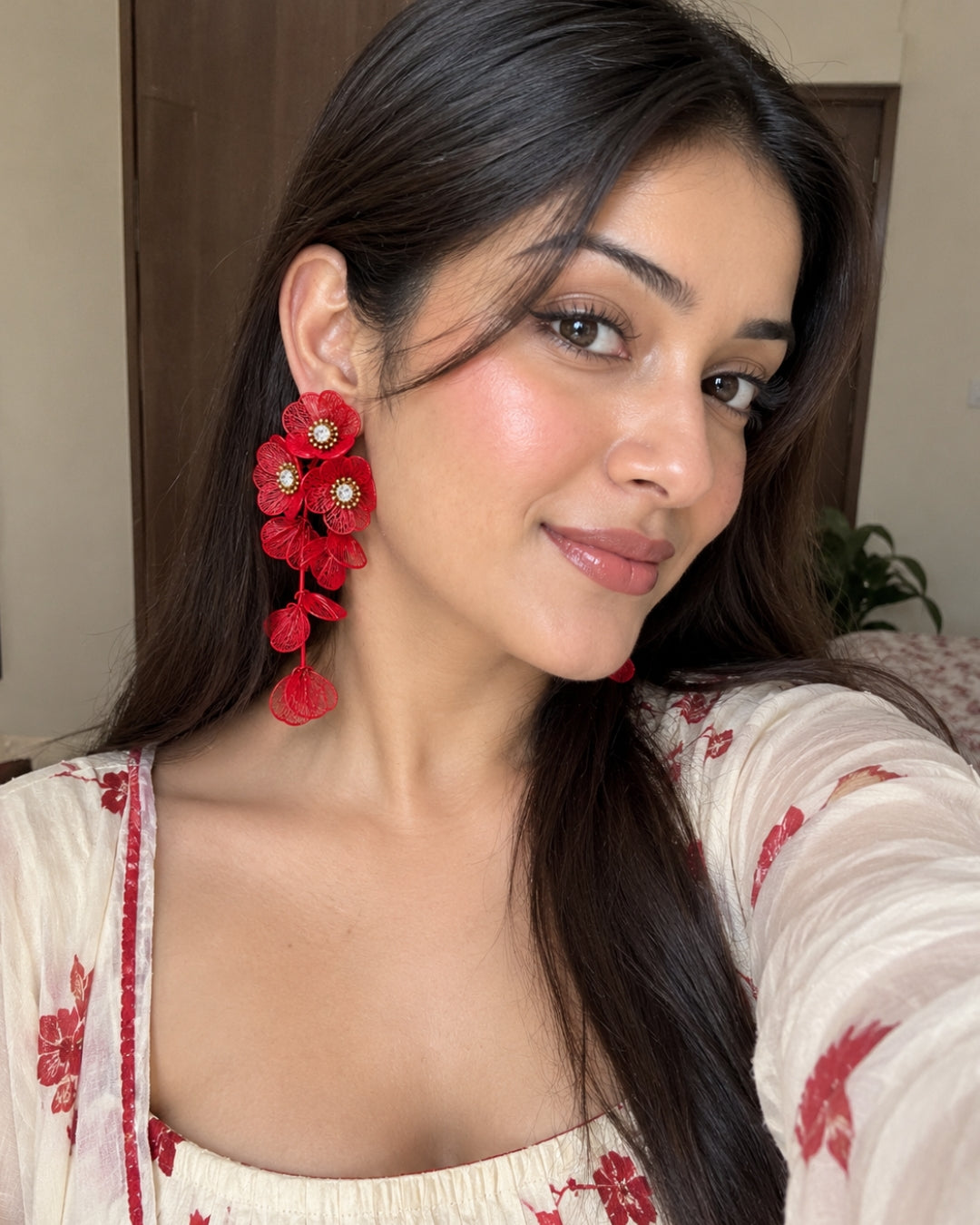 Red Floral Statement Drop Earrings