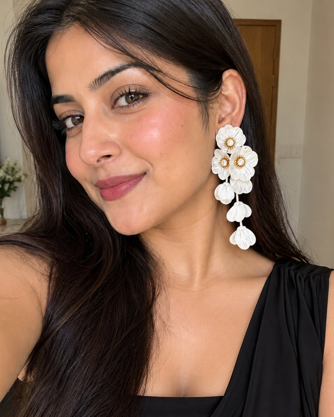 White Floral Statement Drop Earrings