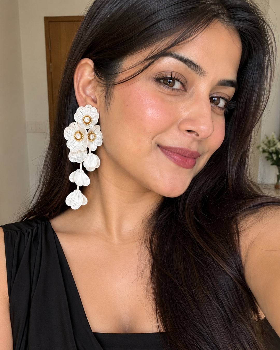 White Floral Statement Drop Earrings