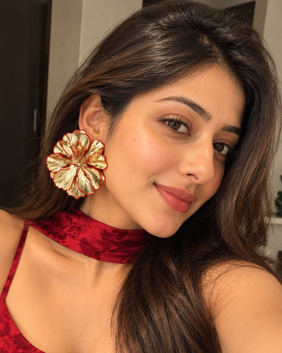 Red And Golden Floral Statement Stud Earrings