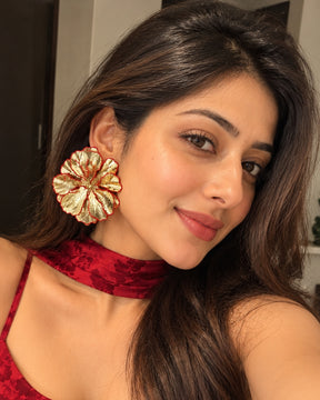 Red And Golden Floral Statement Stud Earrings