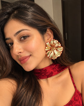 Red And Golden Floral Statement Stud Earrings
