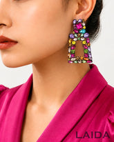 Multi Rhinestone Square Rhodium- Plated Drop Earrings