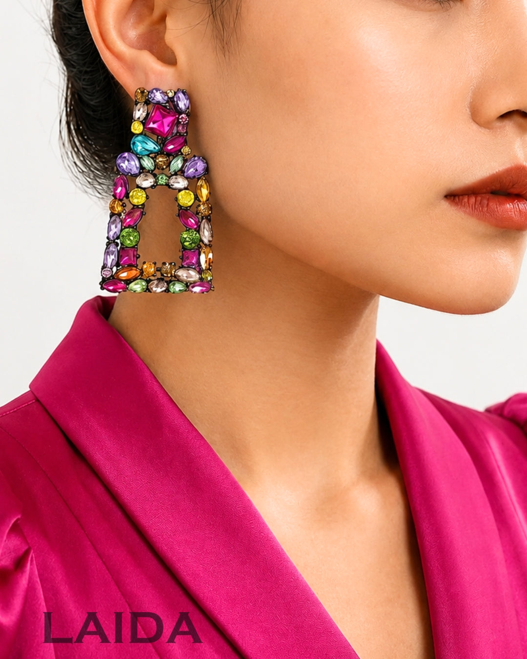 Multi Rhinestone Square Rhodium- Plated Drop Earrings