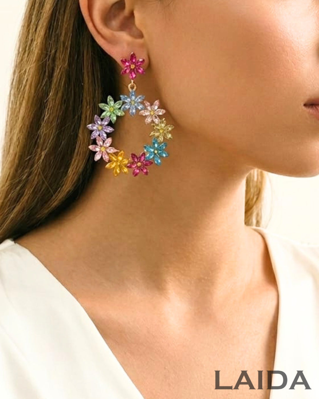 Multi Crystal Flower Drop Earrings