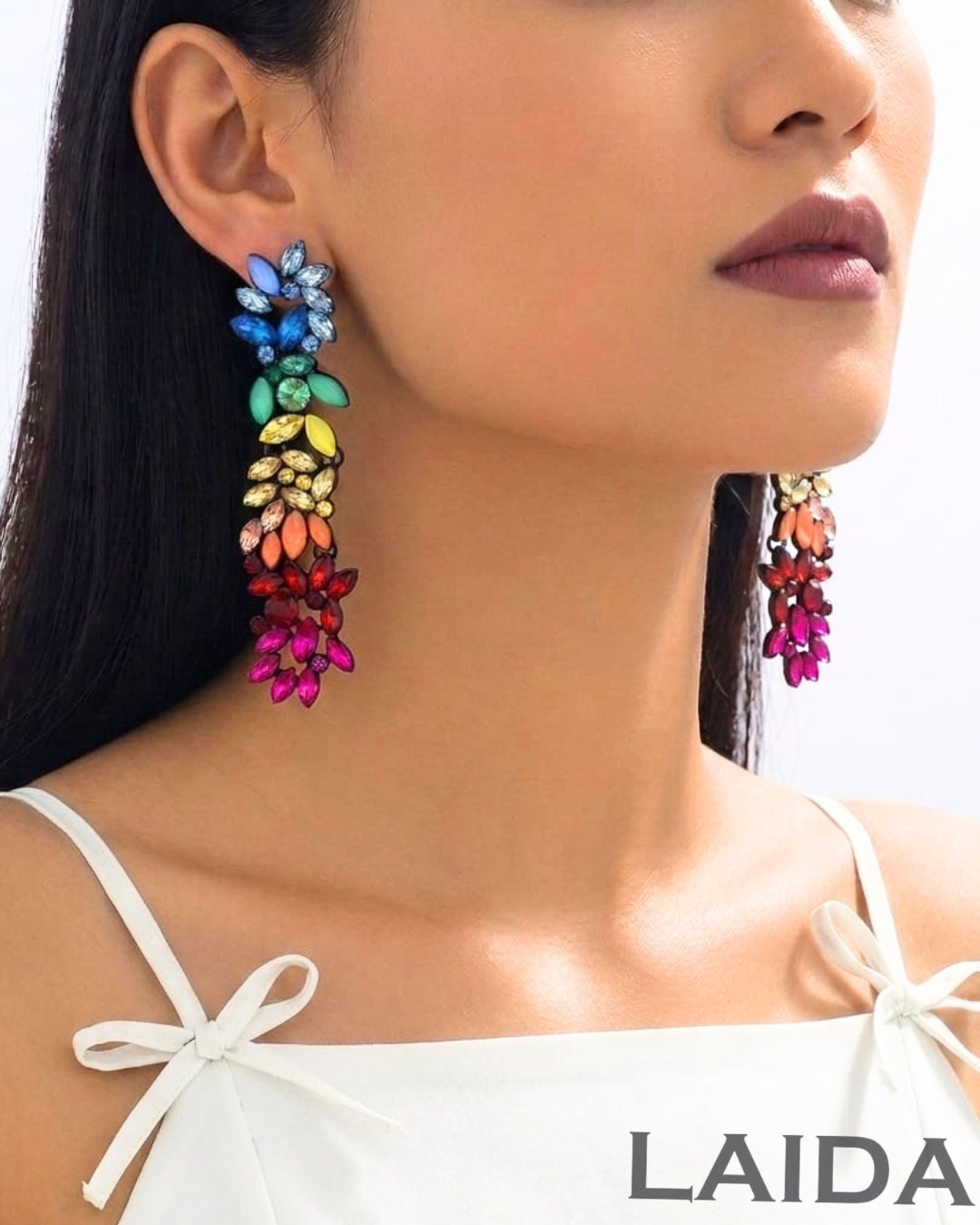 Multi  Rhinestone Acrylic Rhodium- Plated Drop Earrings