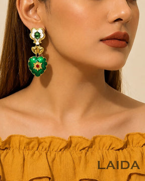 Emerald Enamel Heart Shape Drop Earrings