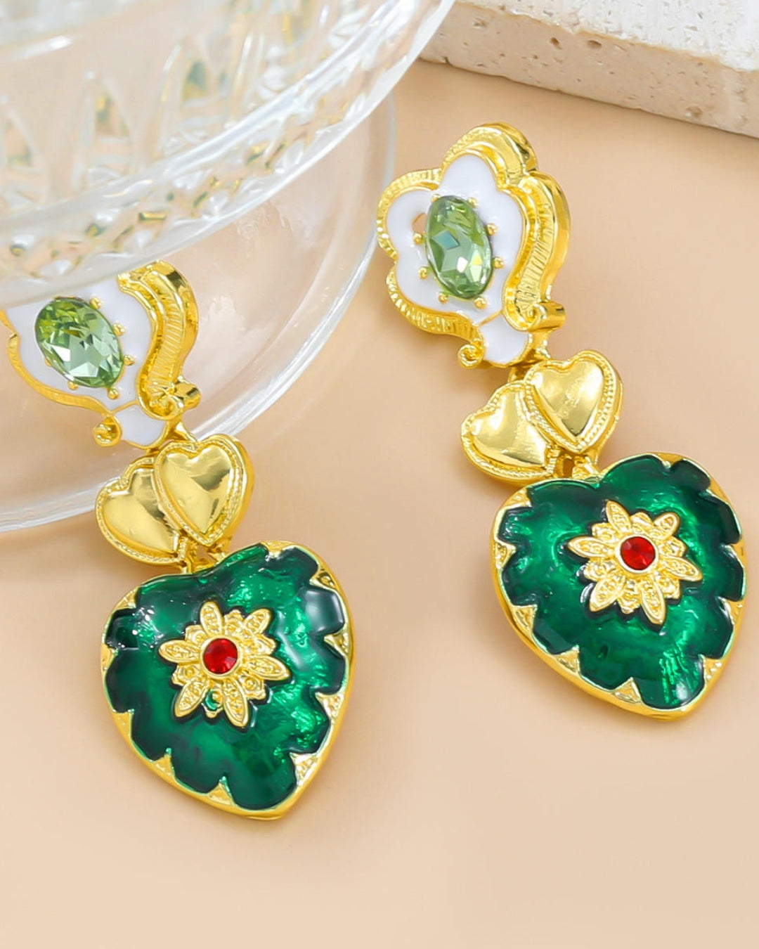 Emerald Enamel Heart Shape Drop Earrings
