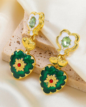 Emerald Enamel Heart Shape Drop Earrings