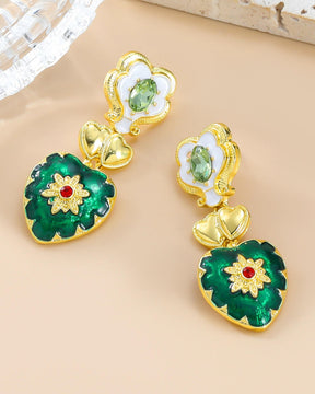 Emerald Enamel Heart Shape Drop Earrings