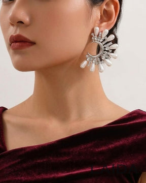 Half-Moon Floral Pearl Stud Earrings