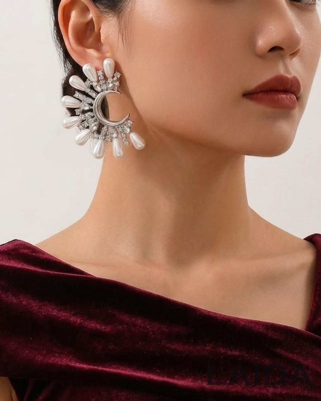 Half-Moon Floral Pearl Stud Earrings