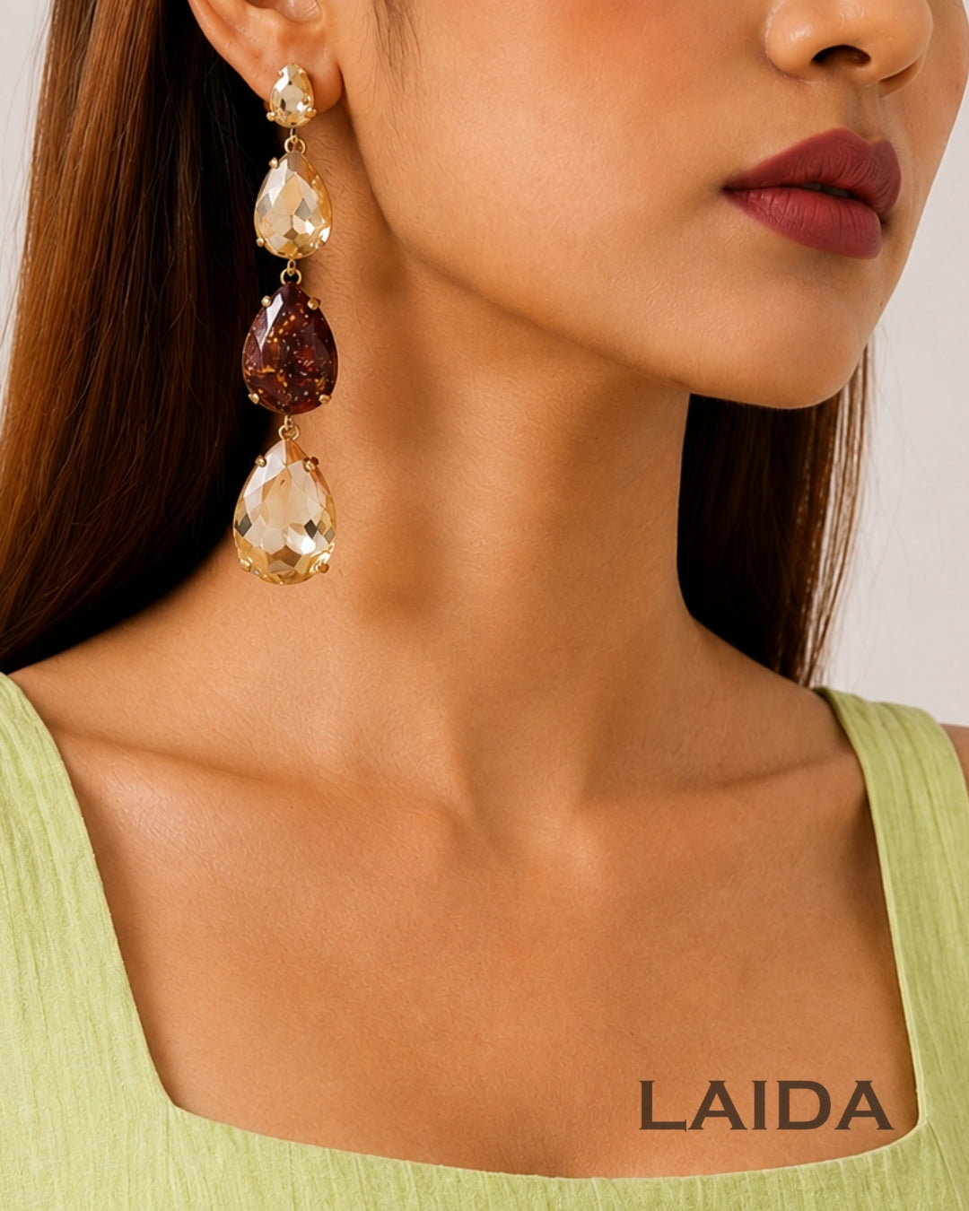 Multi Layer Brown Rhinestone Resin Drop Earrings