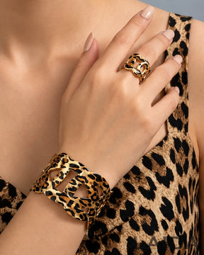 Animal Print Structured Cutout HandCuff With Finger-Ring