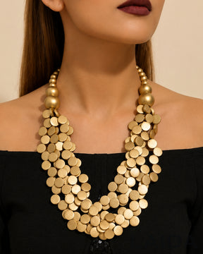 Multi- Layered Golden Wooden Bead Necklace