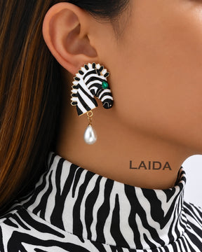 Zebra Enamel Pearl Drop Earrings