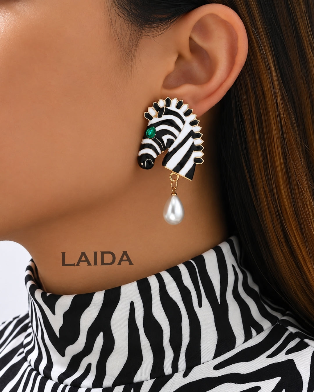 Zebra Enamel Pearl Drop Earrings