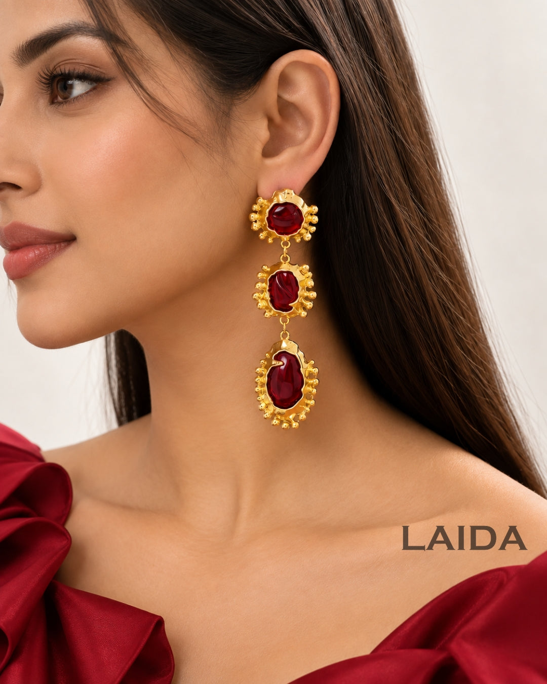 Retro Red Layered Crystal Drop Earrings
