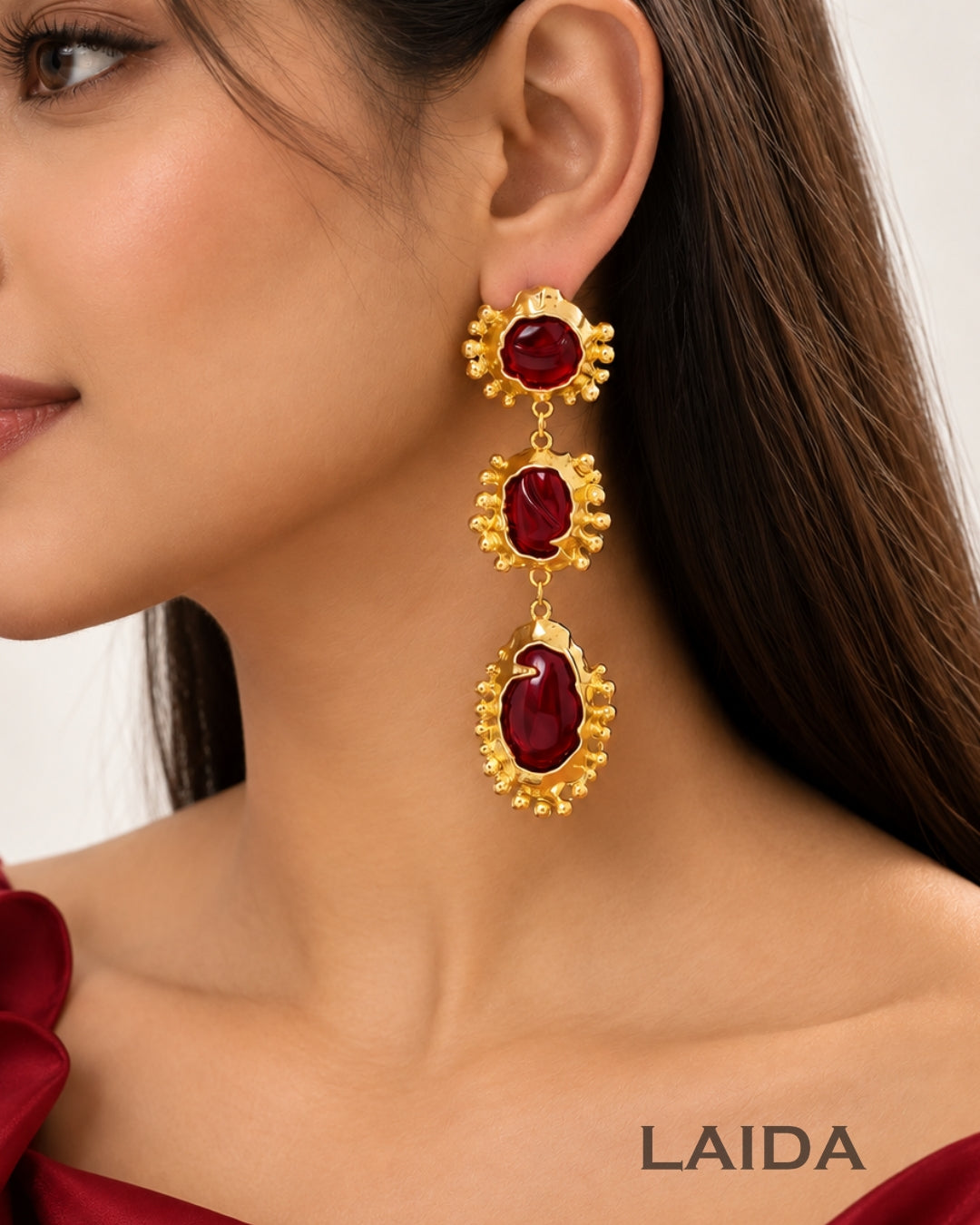 Retro Red Layered Crystal Drop Earrings