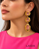 Retro Pink Layered Crystal Drop Earrings