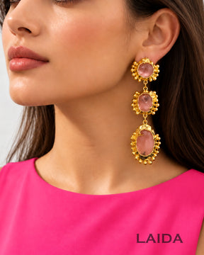 Retro Pink Layered Crystal Drop Earrings