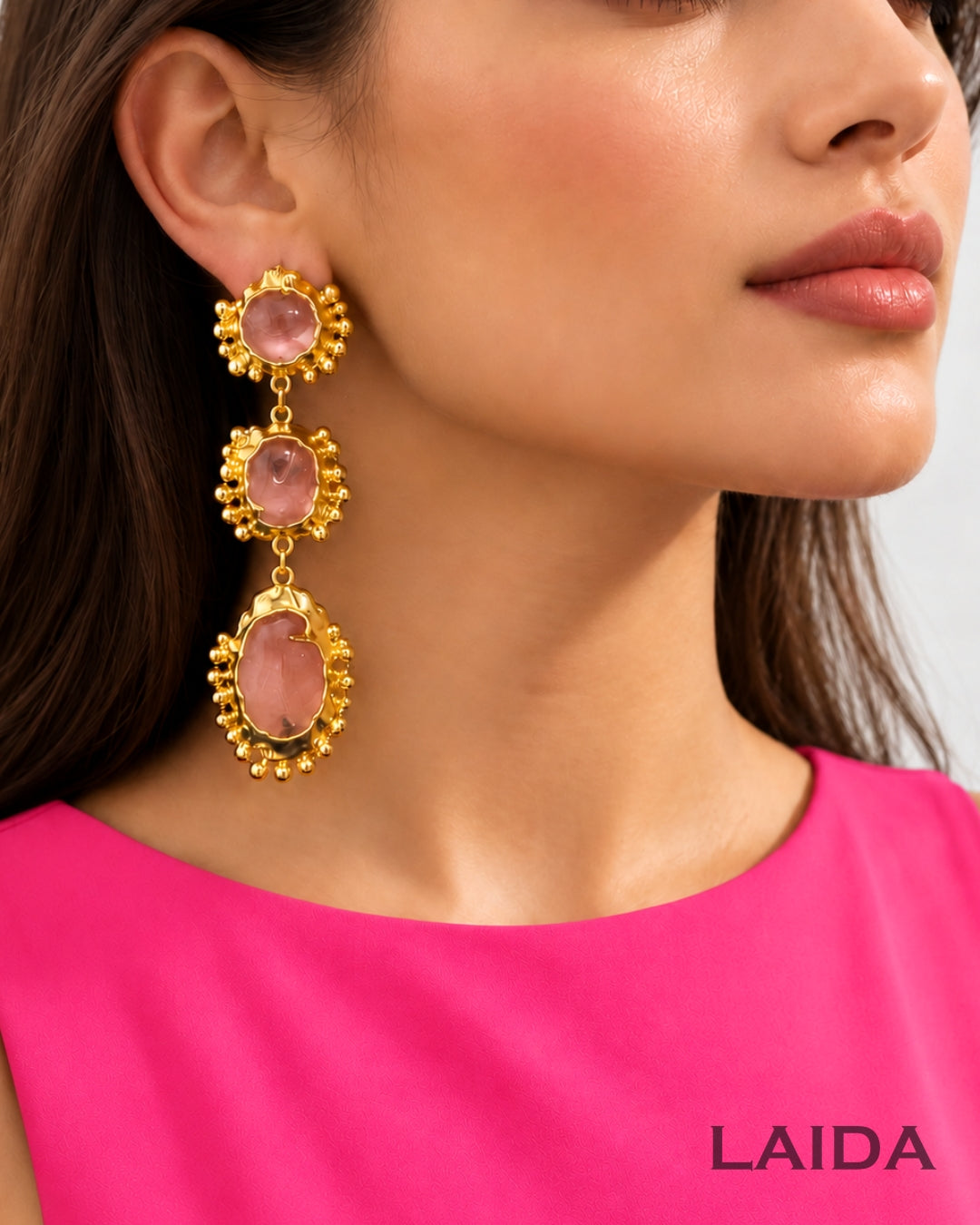 Retro Pink Layered Crystal Drop Earrings