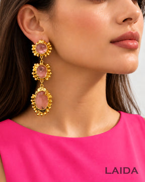Retro Pink Layered Crystal Drop Earrings
