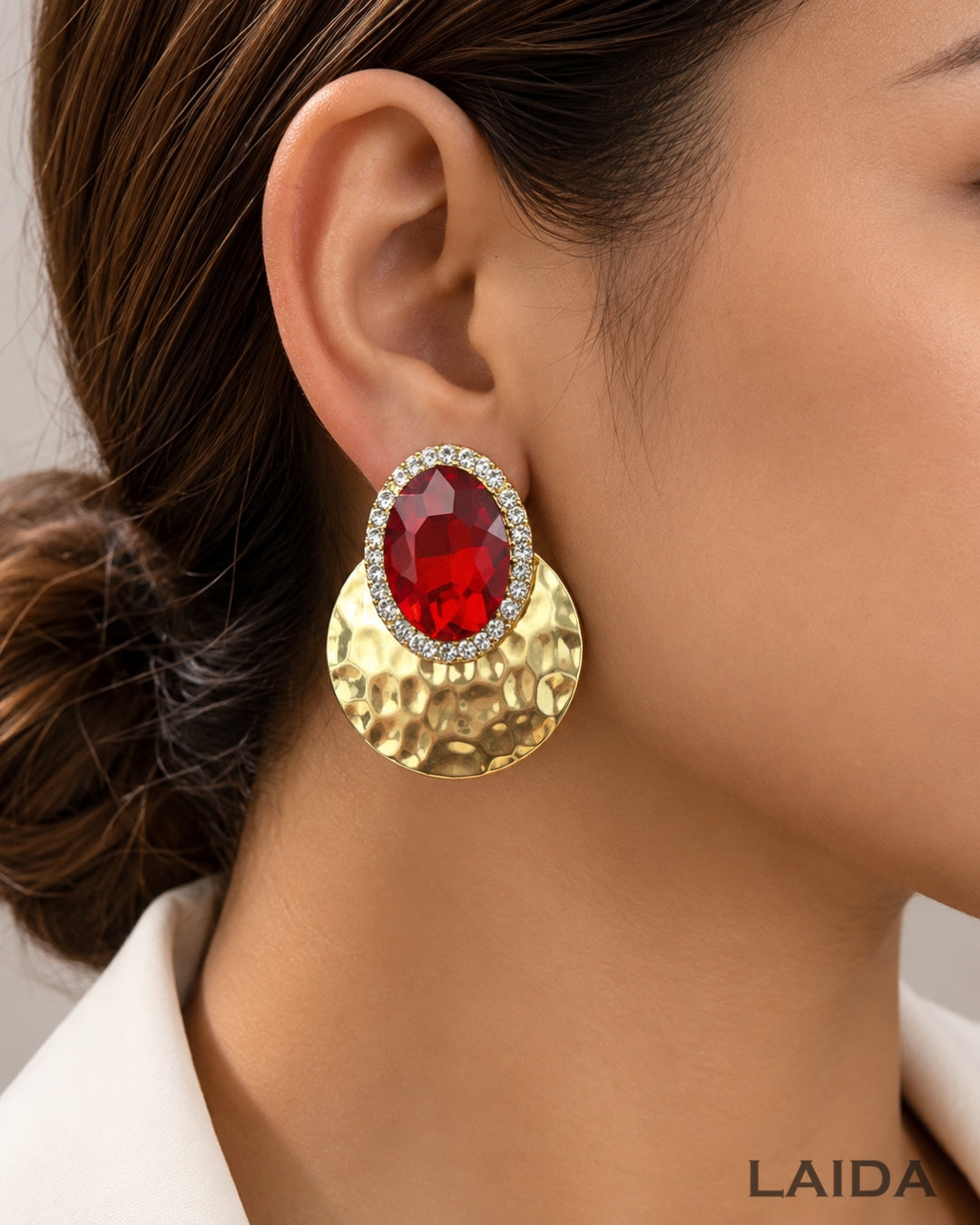 Red Oval Crystal Stud Earrings