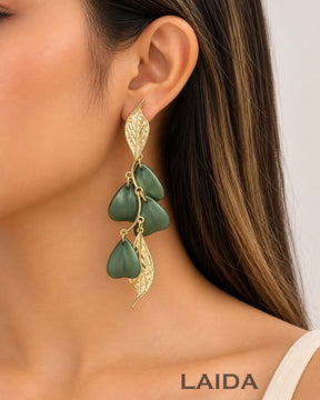 Green Golden Leaf Drop Earrings