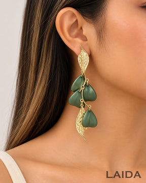 Green Golden Leaf Drop Earrings