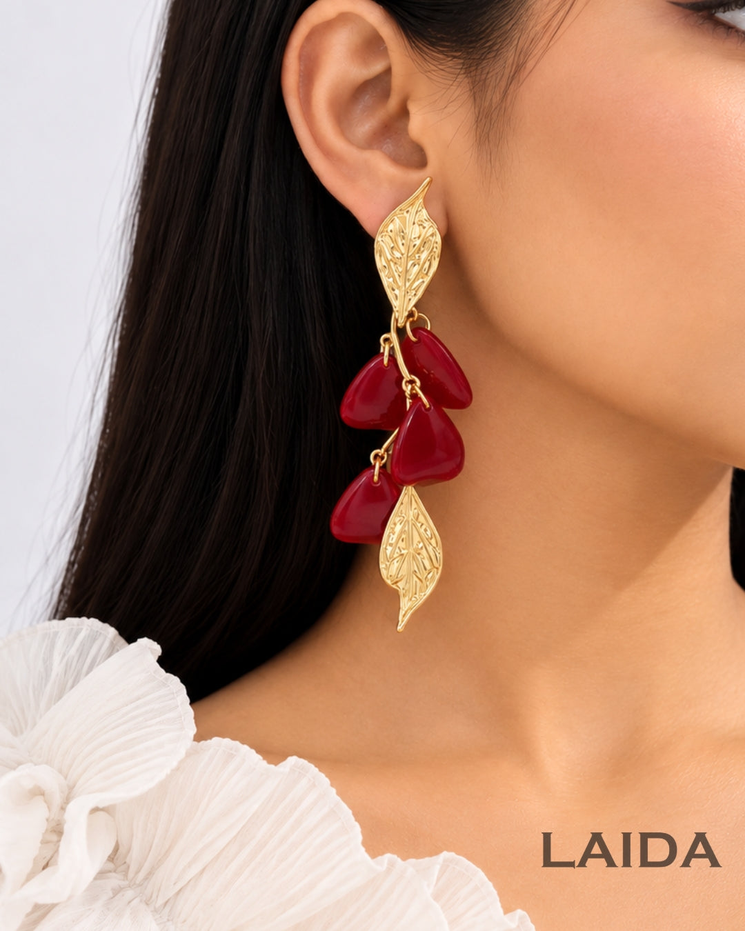 Red Golden Leaf Drop Earrings
