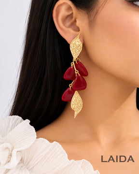 Red Golden Leaf Drop Earrings