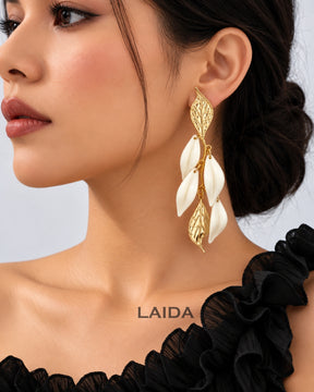 White Golden Leaf Drop Earrings