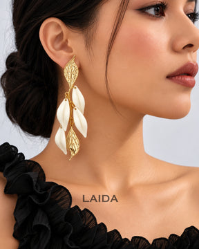 White Golden Leaf Drop Earrings