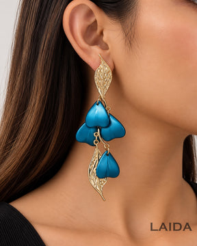 Blue Golden Leaf Drop Earrings