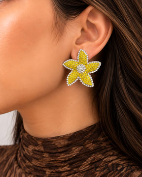 Yellow Rhinestone Studded Flower Stud Earrings