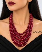 Multi- Layered Maroon Round Bead Wooden Necklace