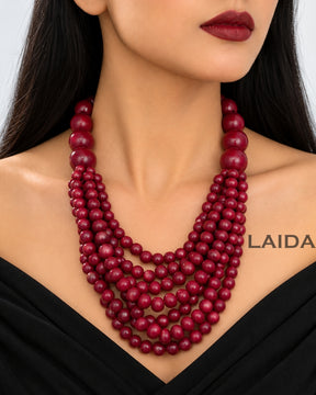 Multi- Layered Maroon Round Bead Wooden Necklace