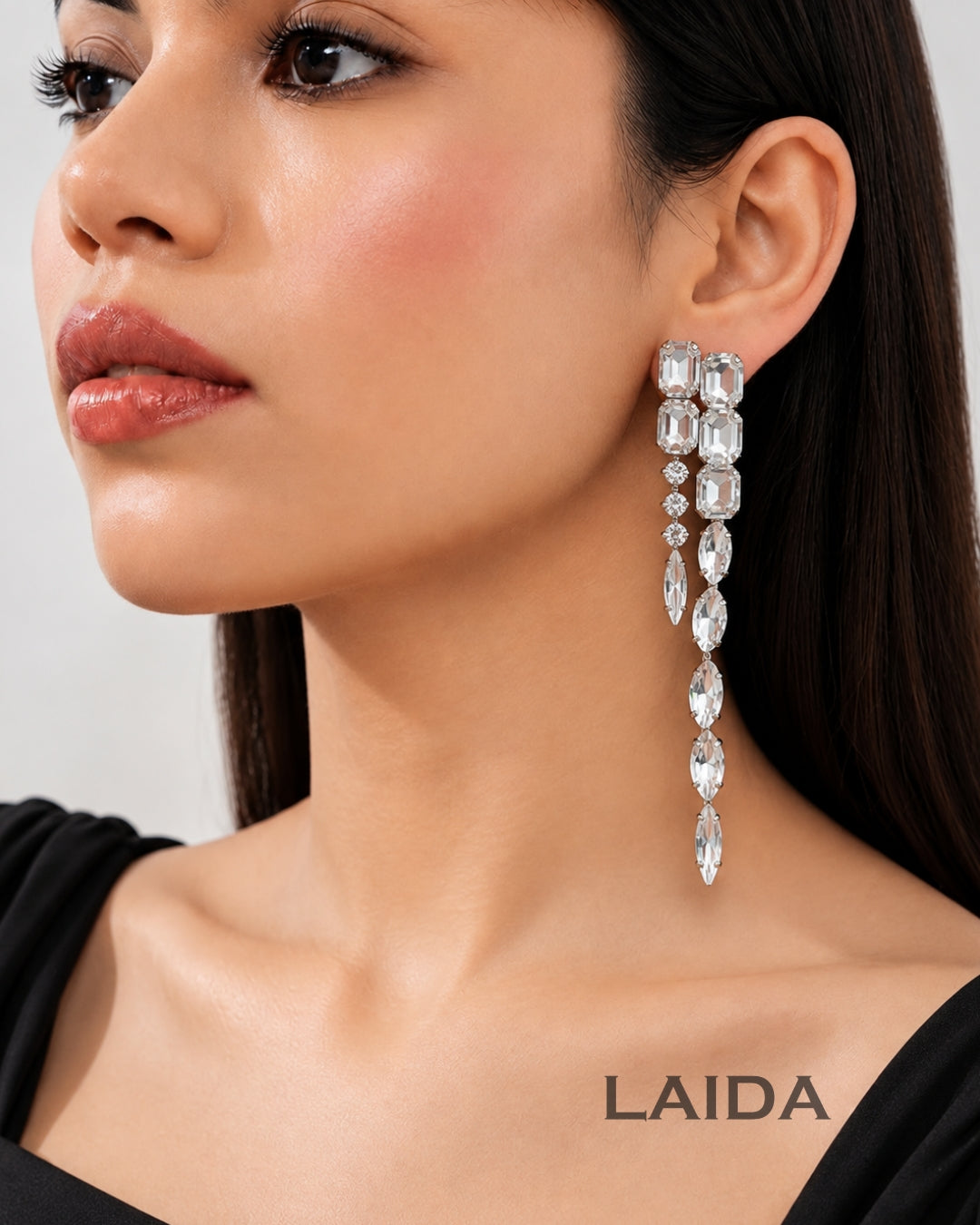 Silver Rhinestone Long Tassel  Drop Earrings