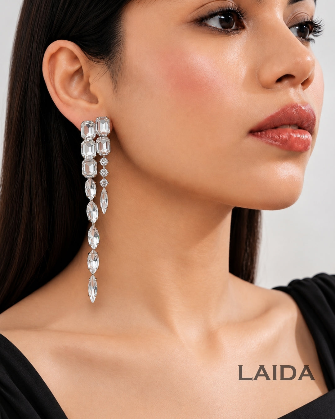 Silver Rhinestone Long Tassel  Drop Earrings