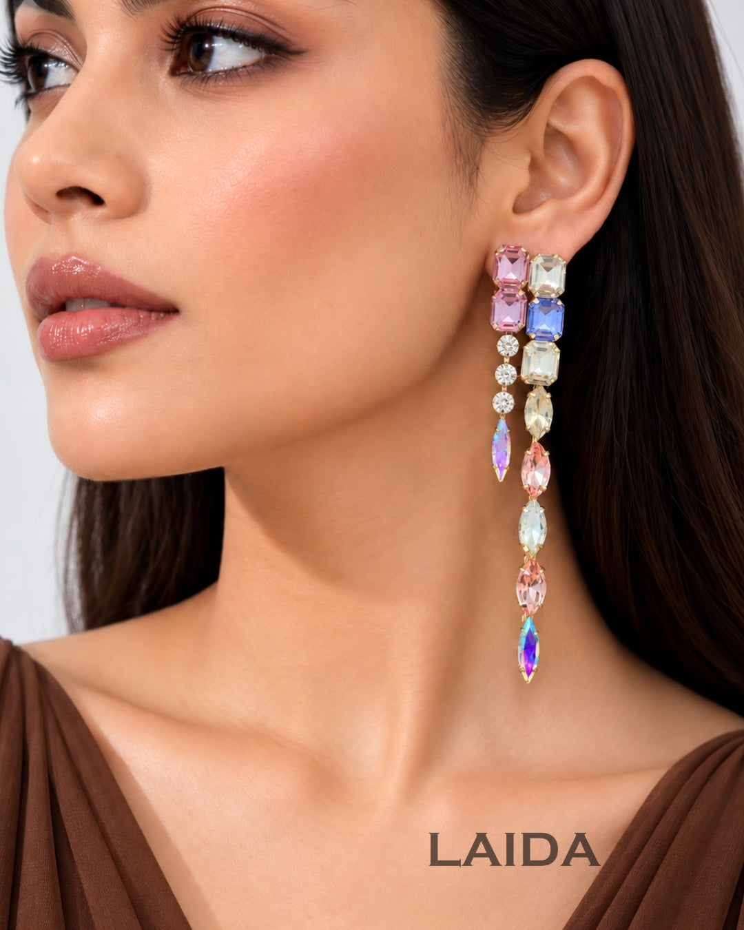 Multi Pastel Rhinestone Long Tassel  Drop Earrings