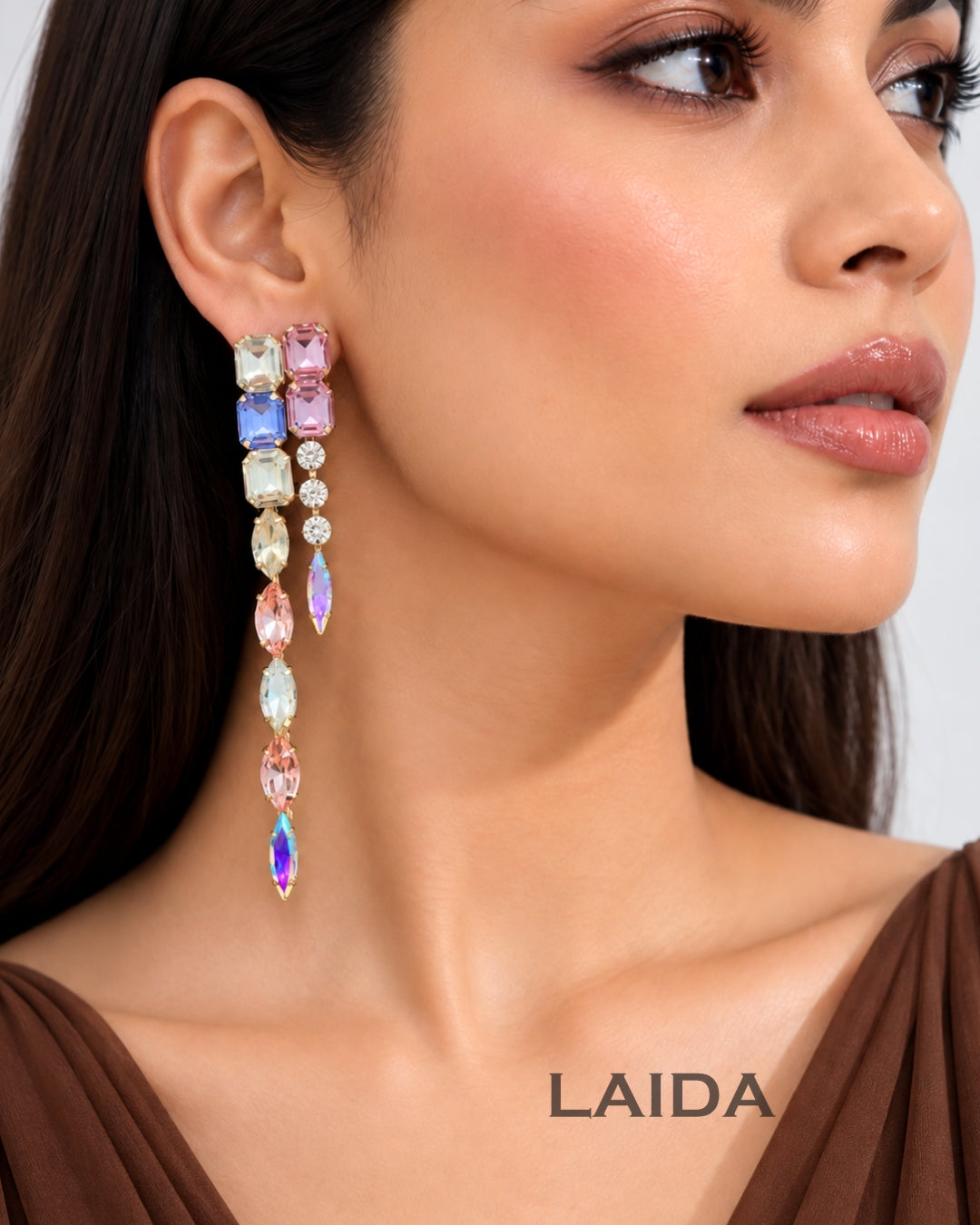 Multi Pastel Rhinestone Long Tassel  Drop Earrings