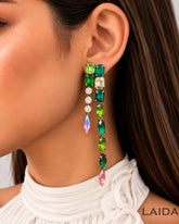 Emerald Green Rhinestone Long Tassel Drop Earrings
