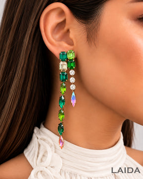 Emerald Green Rhinestone Long Tassel Drop Earrings