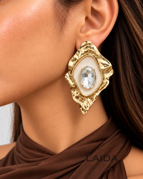 White Resin Stone Studded Geometric Drop Earrings